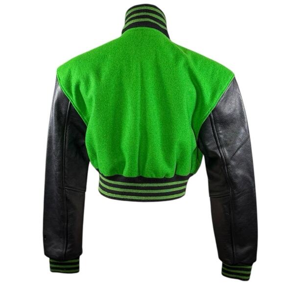Emerald Kelly Green Cropped Letterman Varsity Jacket | Wool & Leather | Small - Picture 2 of 16